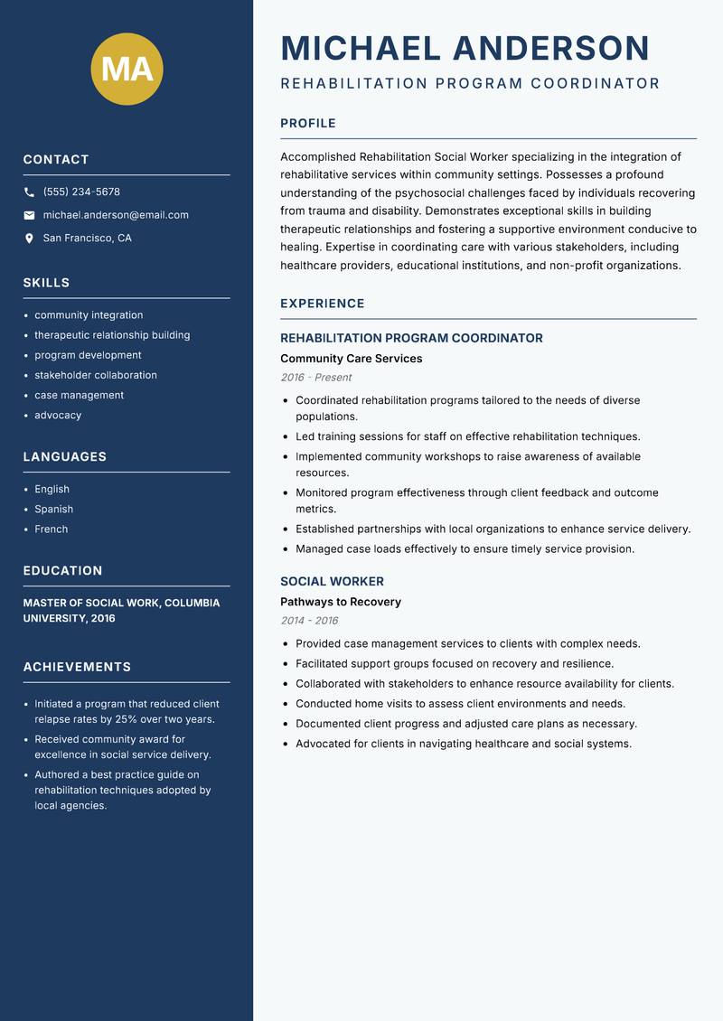 Rehabilitation Social Worker resume sample — Rehabilitation Program Coordinator focus