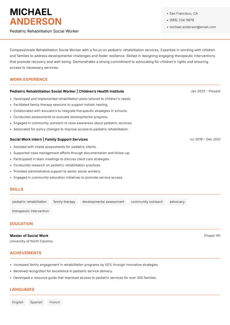Rehabilitation Social Worker resume sample — Pediatric Rehabilitation Social Worker focus