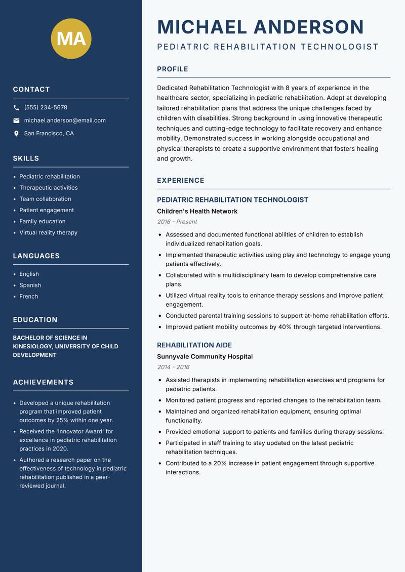 Rehabilitation Technologist resume sample — Pediatric Rehabilitation Technologist focus