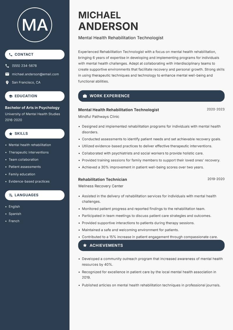 Rehabilitation Technologist resume sample — Mental Health Rehabilitation Technologist focus