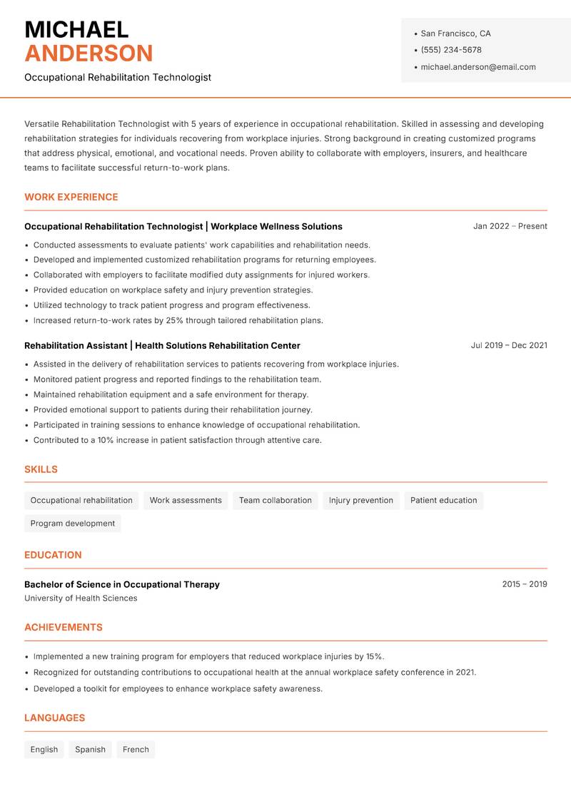 Rehabilitation Technologist resume sample — Occupational Rehabilitation Technologist focus