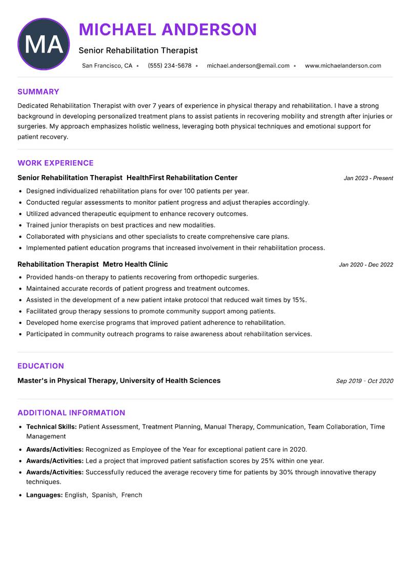 Rehabilitation Therapist resume example
