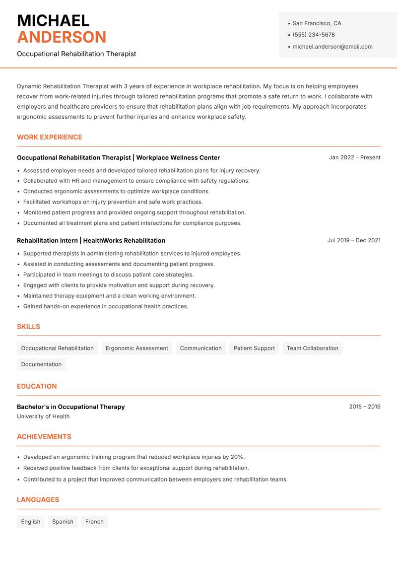 Rehabilitation Therapist resume sample — Occupational Rehabilitation Therapist focus