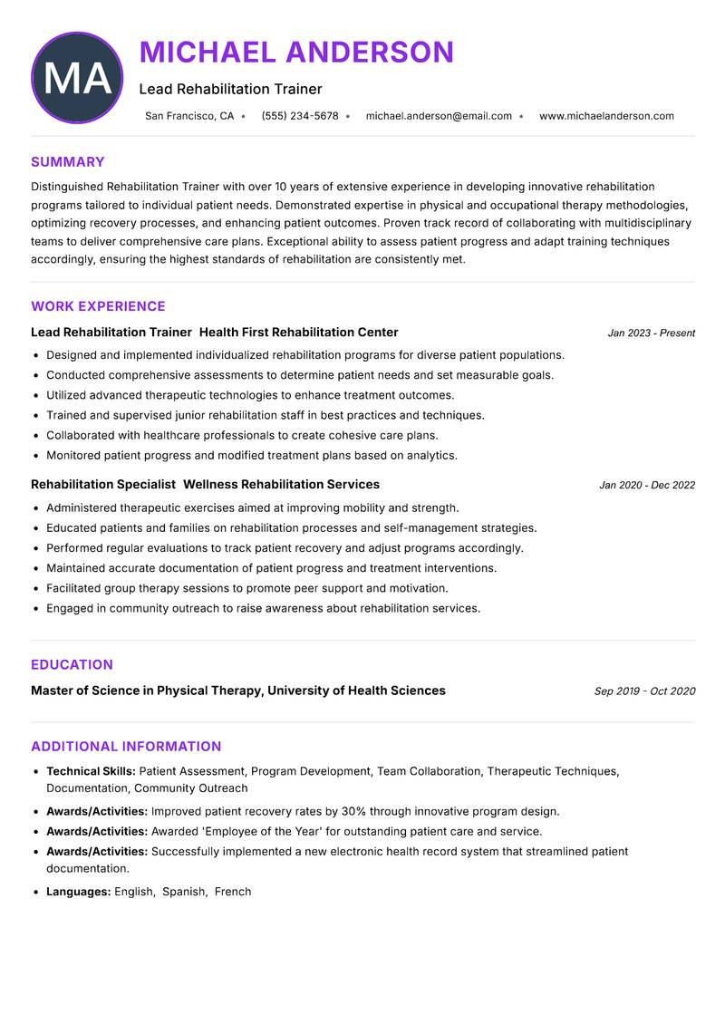 Rehabilitation Trainer resume example