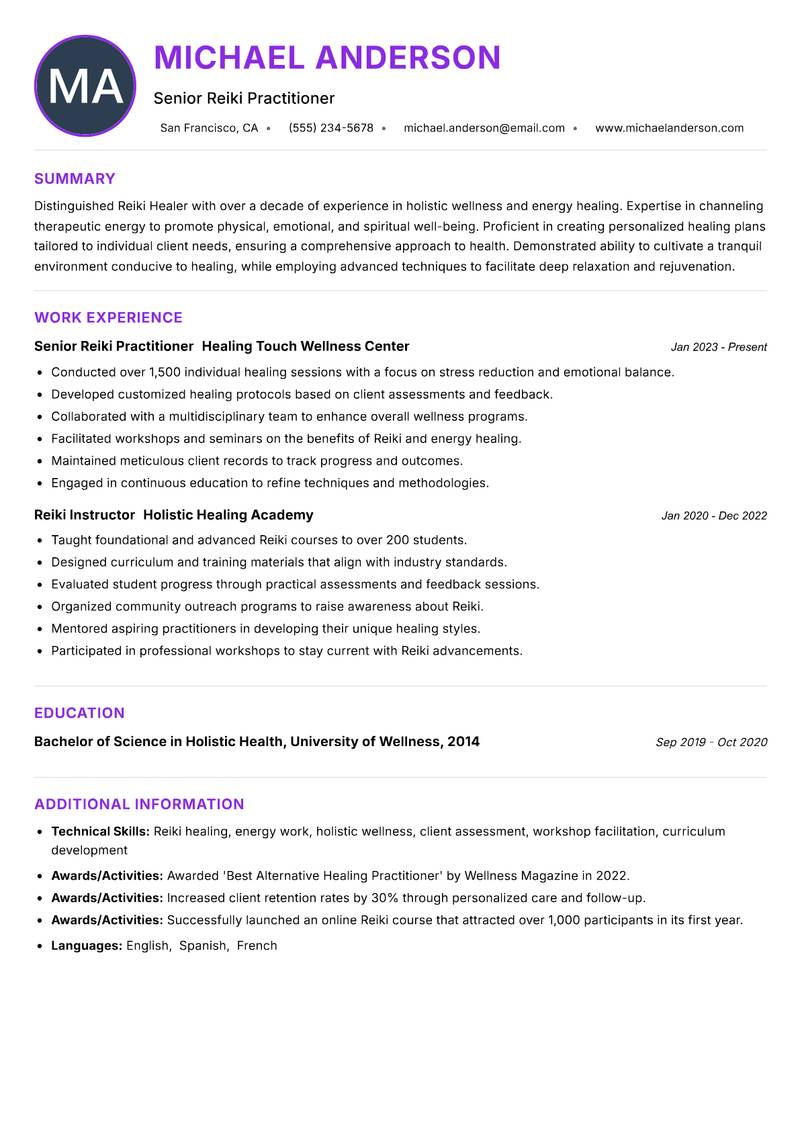Reiki Healer resume example
