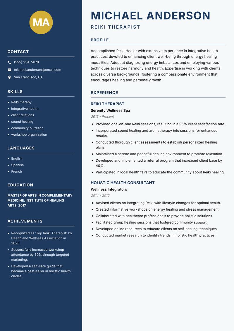 Reiki Healer resume sample — Reiki Therapist focus