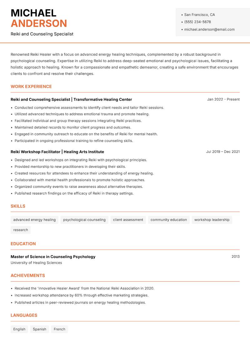 Reiki Healer resume sample — Reiki and Counseling Specialist focus