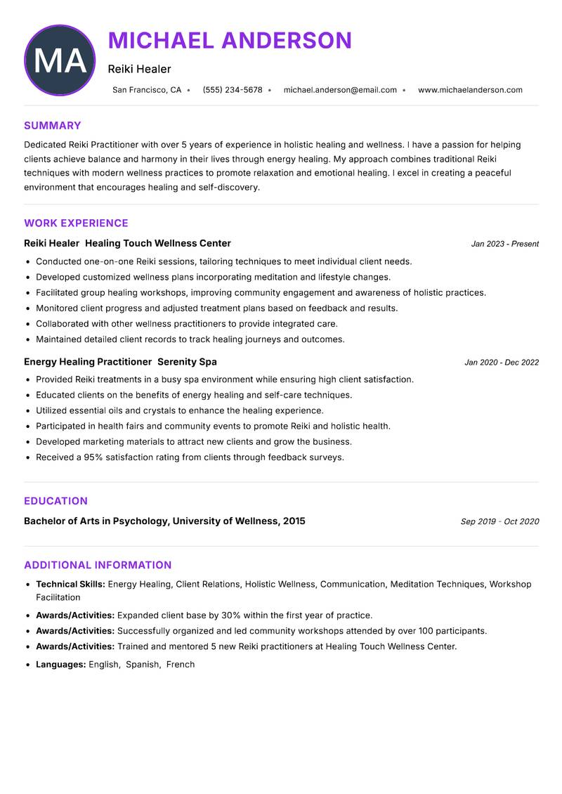 Reiki Practitioner resume example