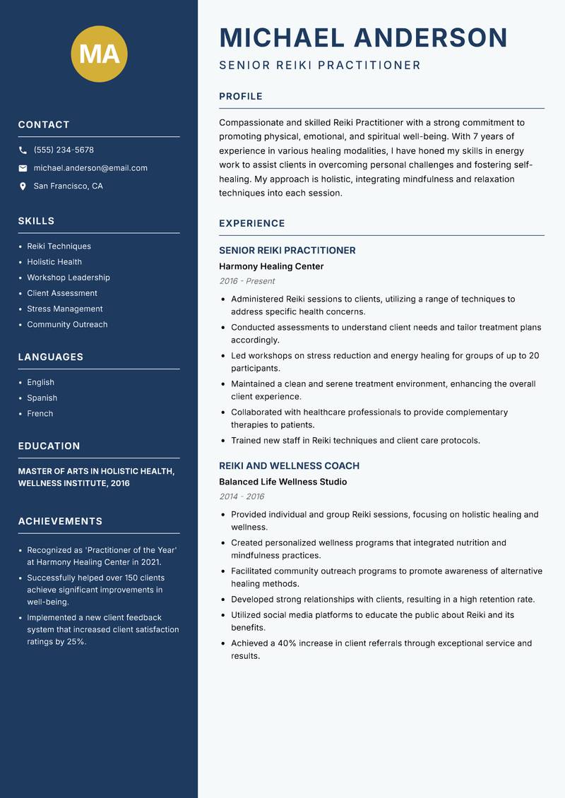 Reiki Practitioner resume sample — Senior Reiki Practitioner focus