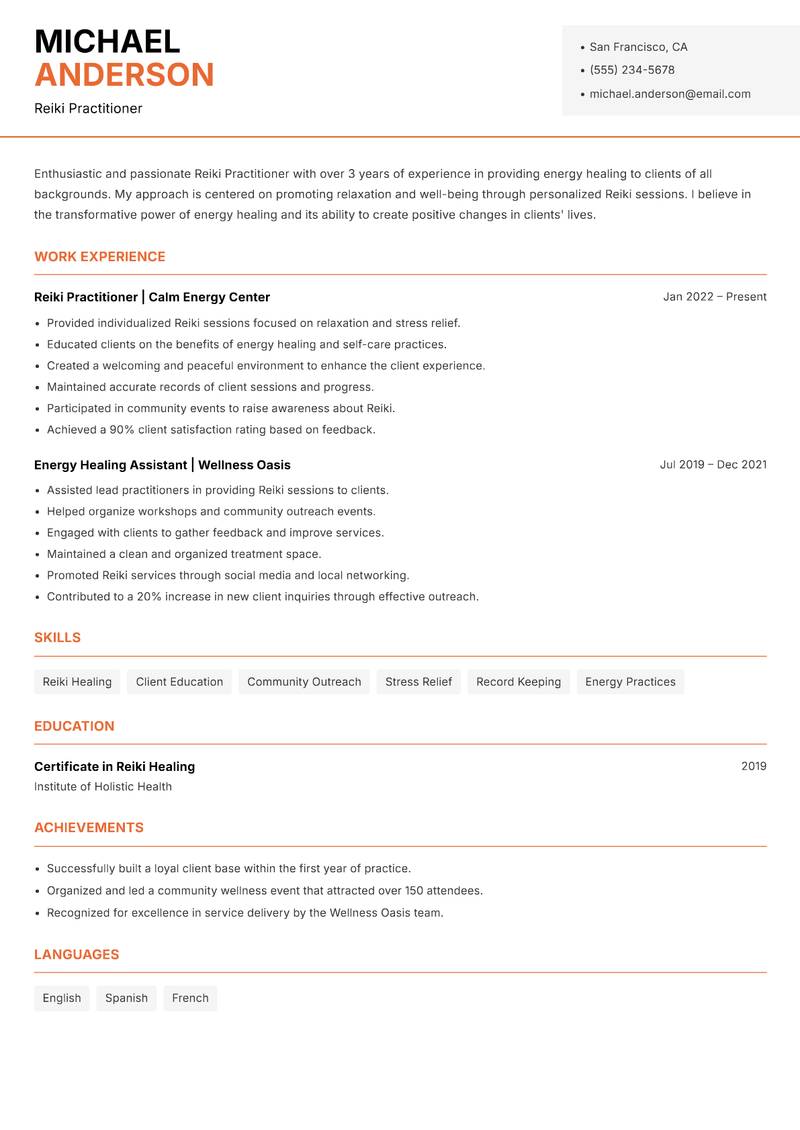Reiki Practitioner resume sample — Reiki Practitioner focus