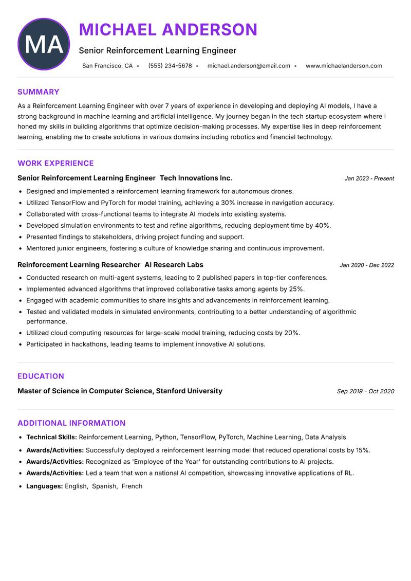 Reinforcement Learning Engineer resume example