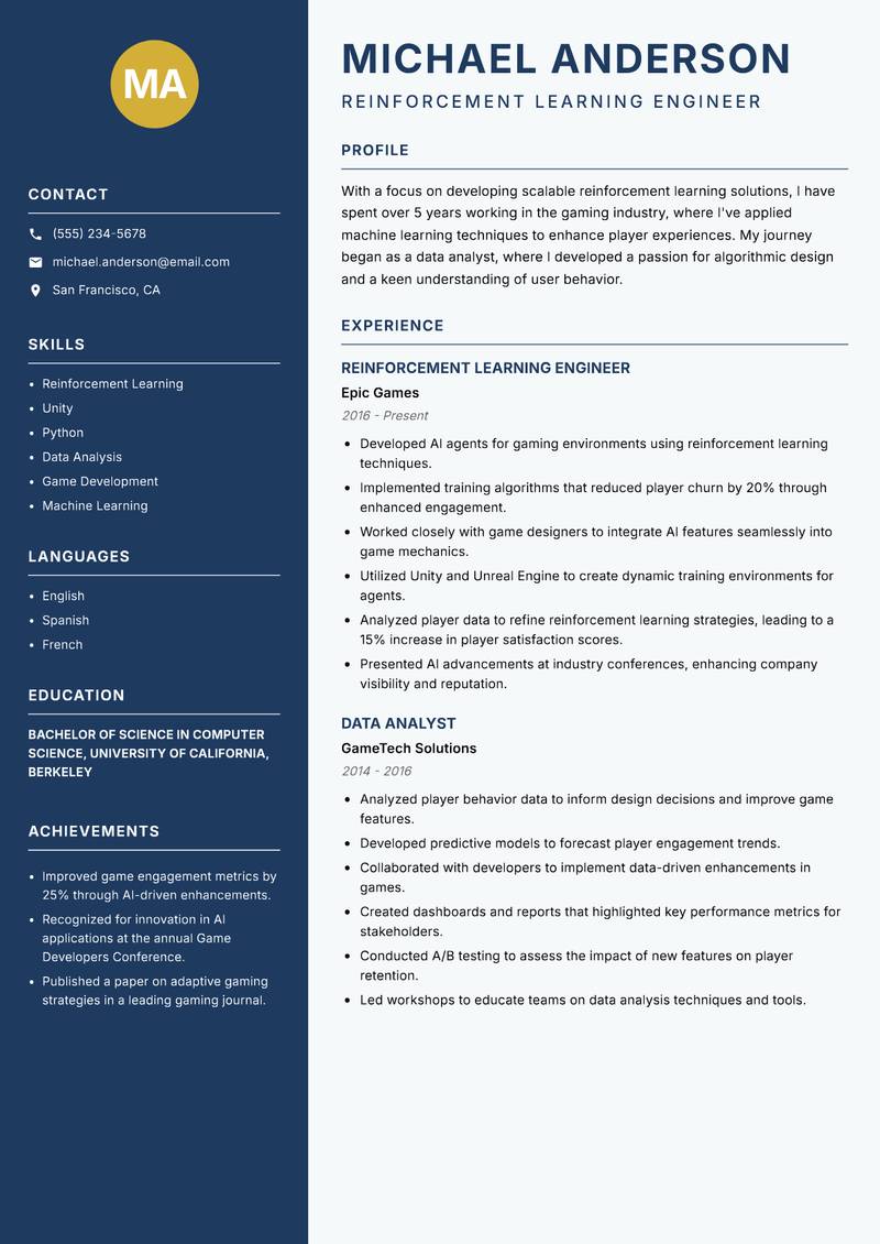 Reinforcement Learning Engineer resume sample — Reinforcement Learning Engineer focus