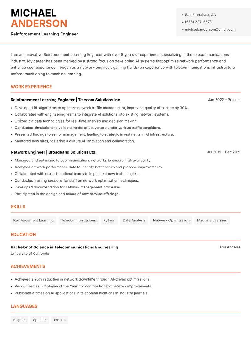 Reinforcement Learning Engineer resume sample — Reinforcement Learning Engineer focus
