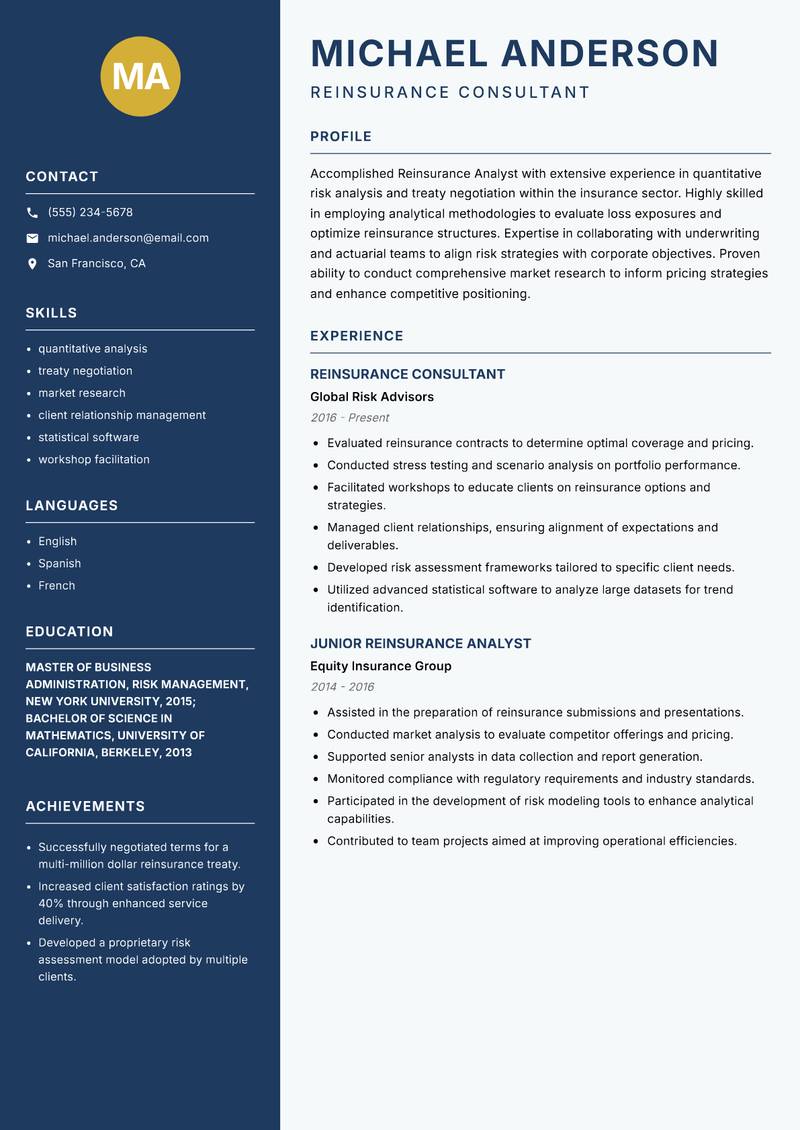Reinsurance Analyst resume sample — Reinsurance Consultant focus