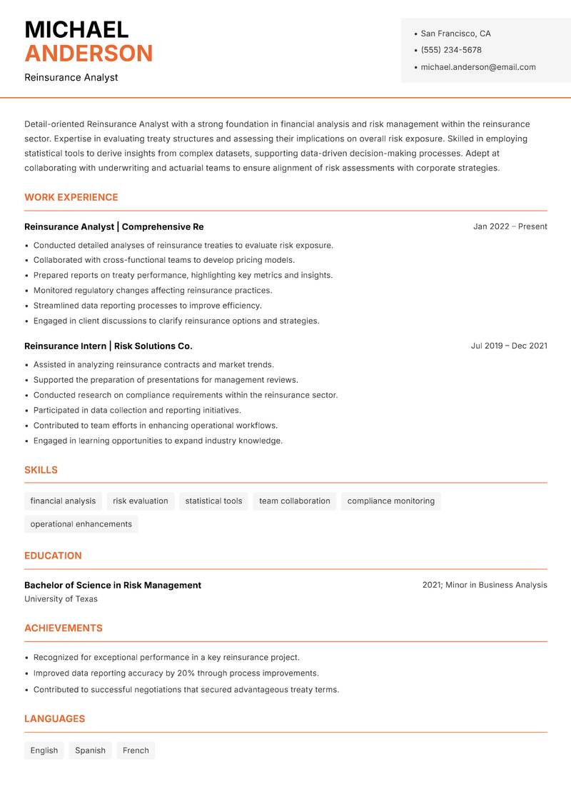 Reinsurance Analyst resume sample — Reinsurance Analyst focus