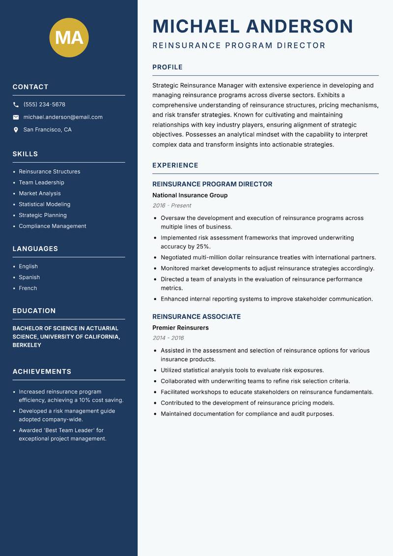 Reinsurance Manager resume sample — Reinsurance Program Director focus
