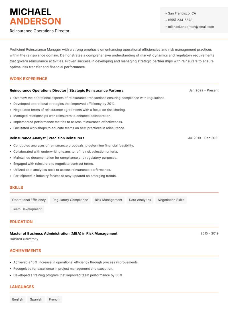 Reinsurance Manager resume sample — Reinsurance Operations Director focus