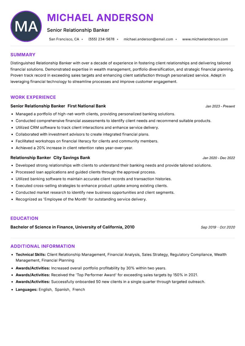 Relationship Banker resume example
