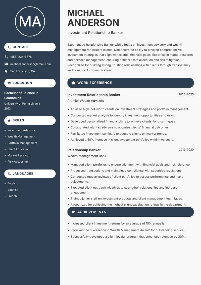 Relationship Banker resume sample — Investment Relationship Banker focus