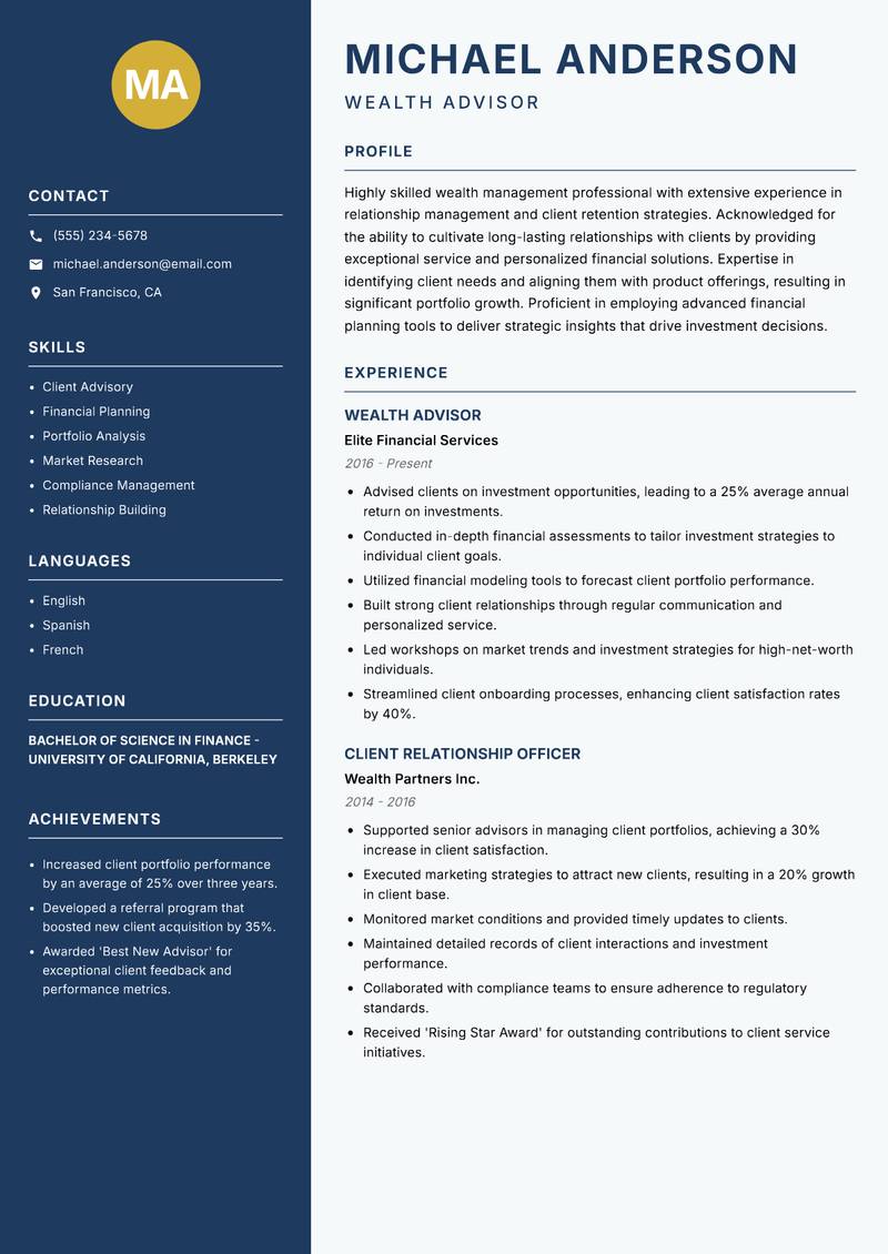 Relationship Manager Wealth resume sample — Wealth Advisor focus
