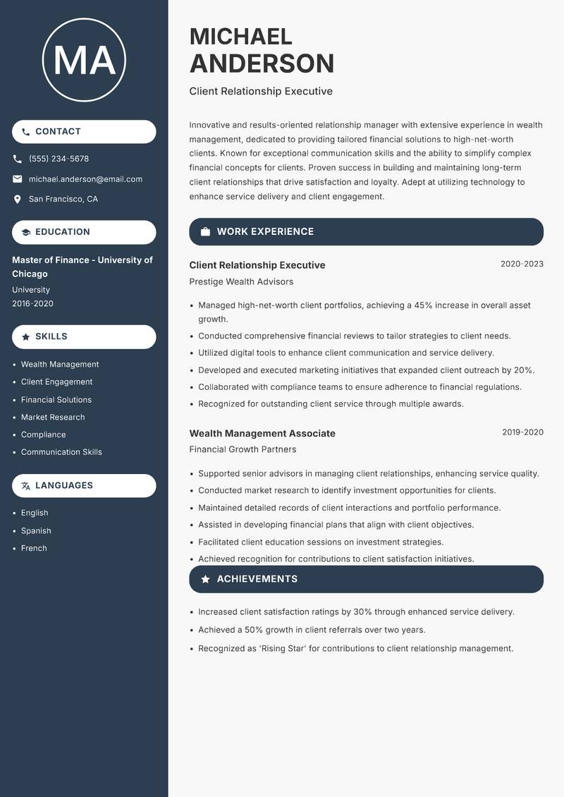 Relationship Manager Wealth resume sample — Client Relationship Executive focus