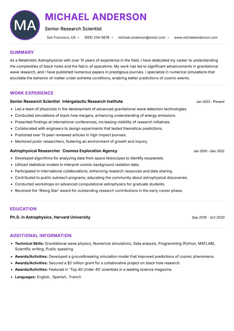 Relativistic Astrophysicist resume example