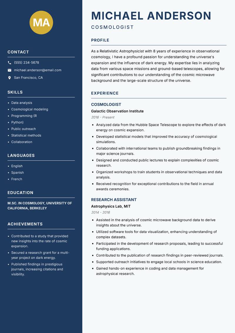 Relativistic Astrophysicist resume sample — Cosmologist focus