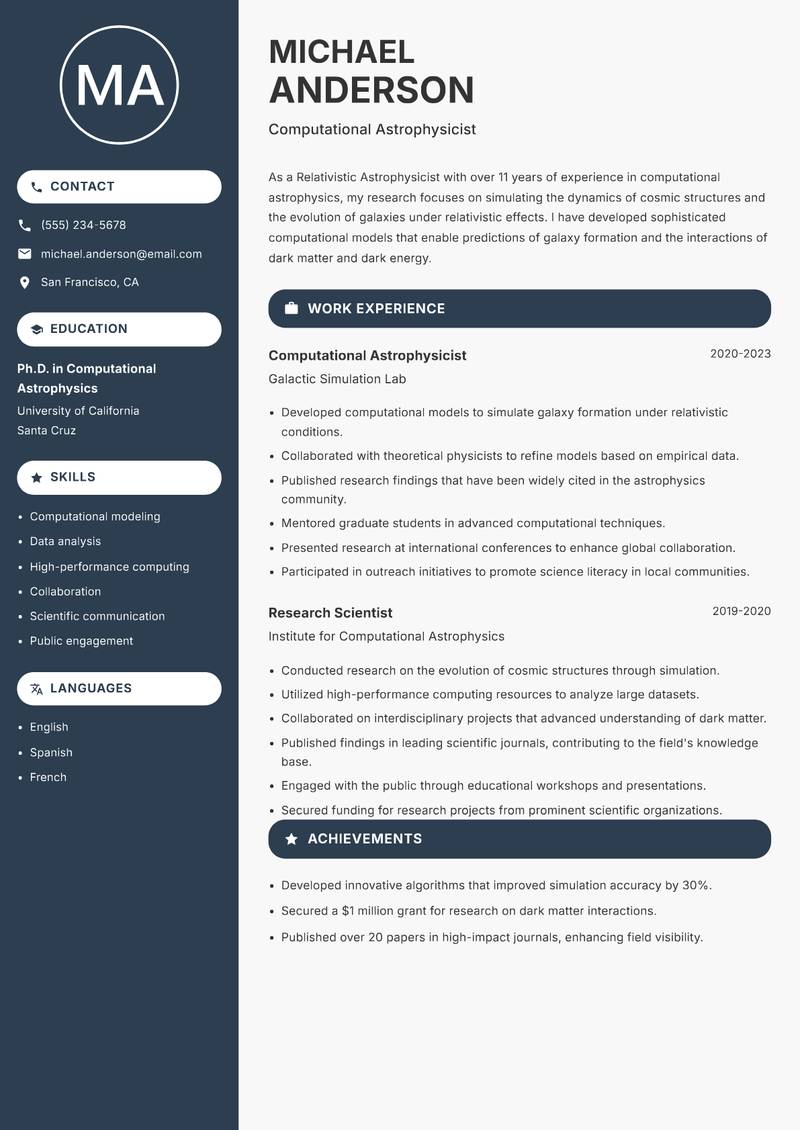 Relativistic Astrophysicist resume sample — Computational Astrophysicist focus