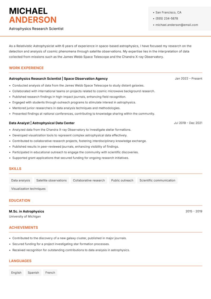 Relativistic Astrophysicist resume sample — Astrophysics Research Scientist focus