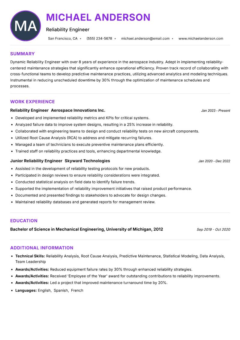 Reliability Engineer resume example
