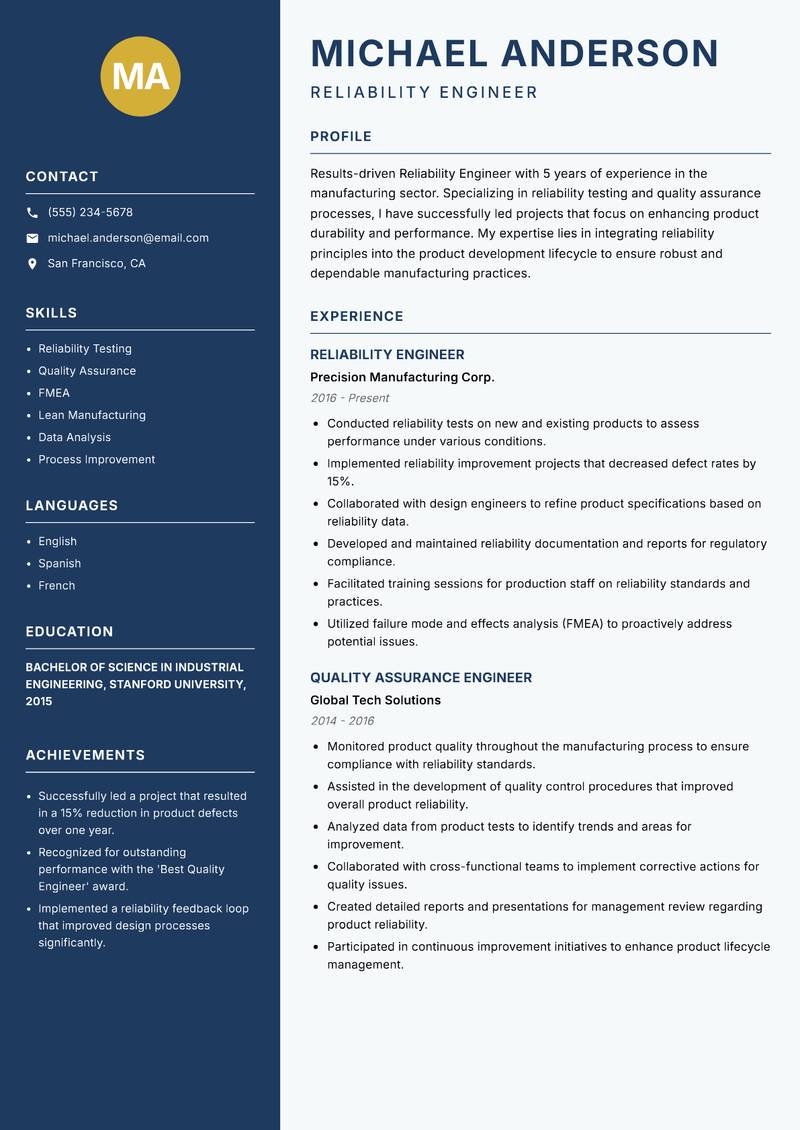 Reliability Engineer resume sample — Reliability Engineer focus
