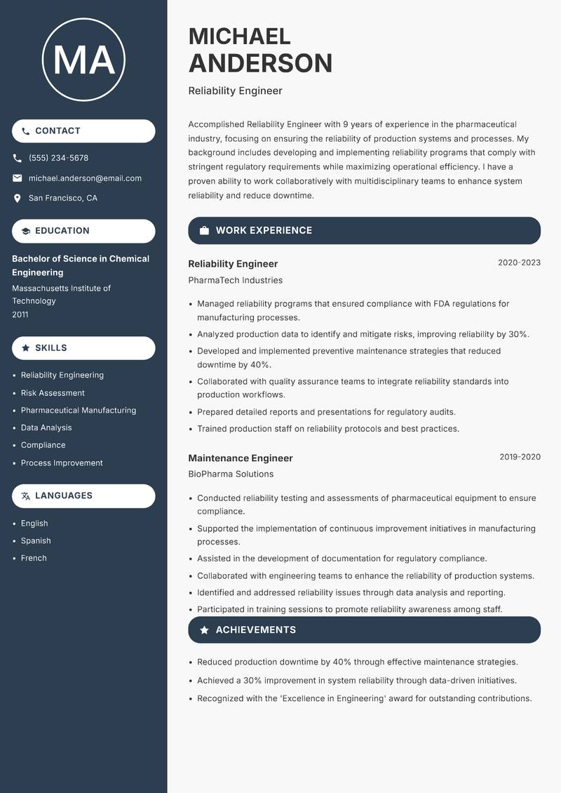 Reliability Engineer resume sample — Reliability Engineer focus