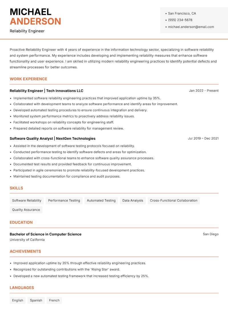 Reliability Engineer resume sample — Reliability Engineer focus