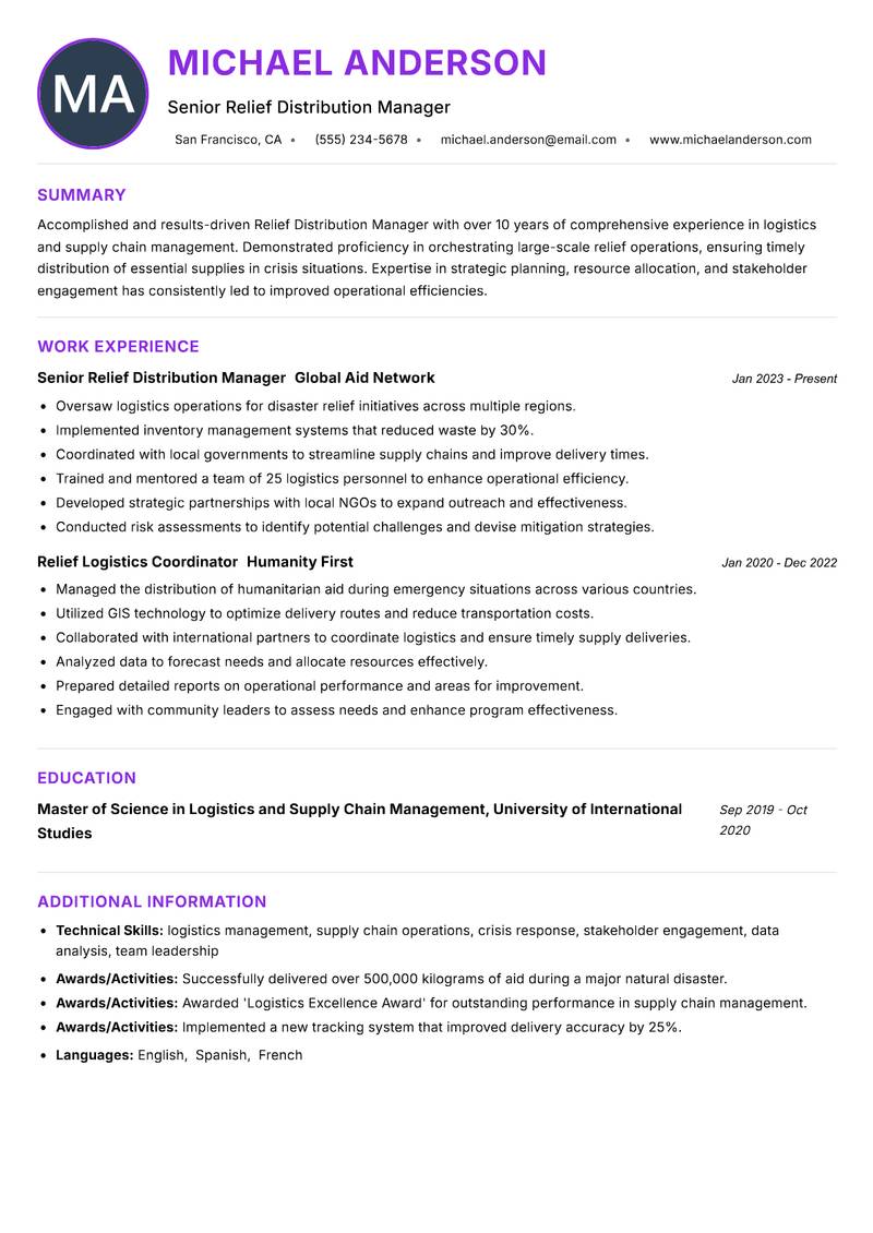 Relief Distribution Manager resume example