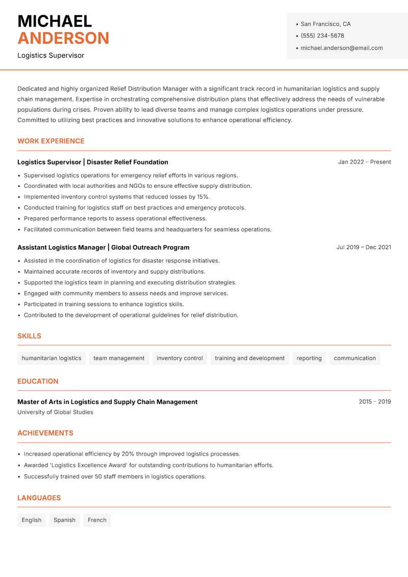 Relief Distribution Manager resume sample — Logistics Supervisor focus