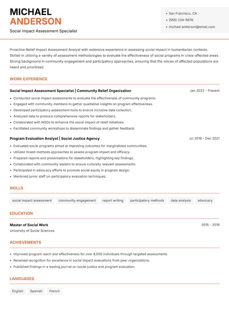 Relief Impact Assessment Analyst resume sample — Social Impact Assessment Specialist focus