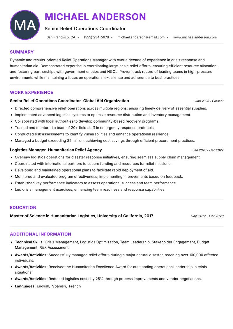 Relief Operations Manager resume example