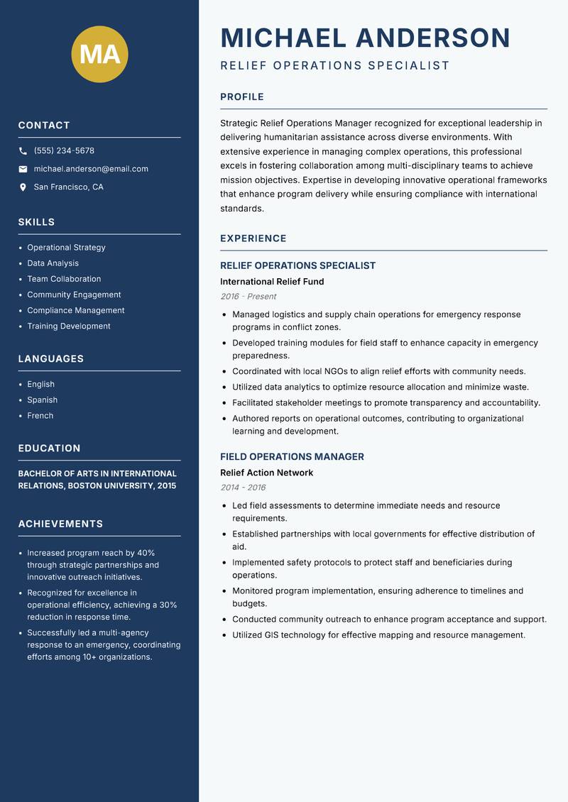 Relief Operations Manager resume sample — Relief Operations Specialist focus