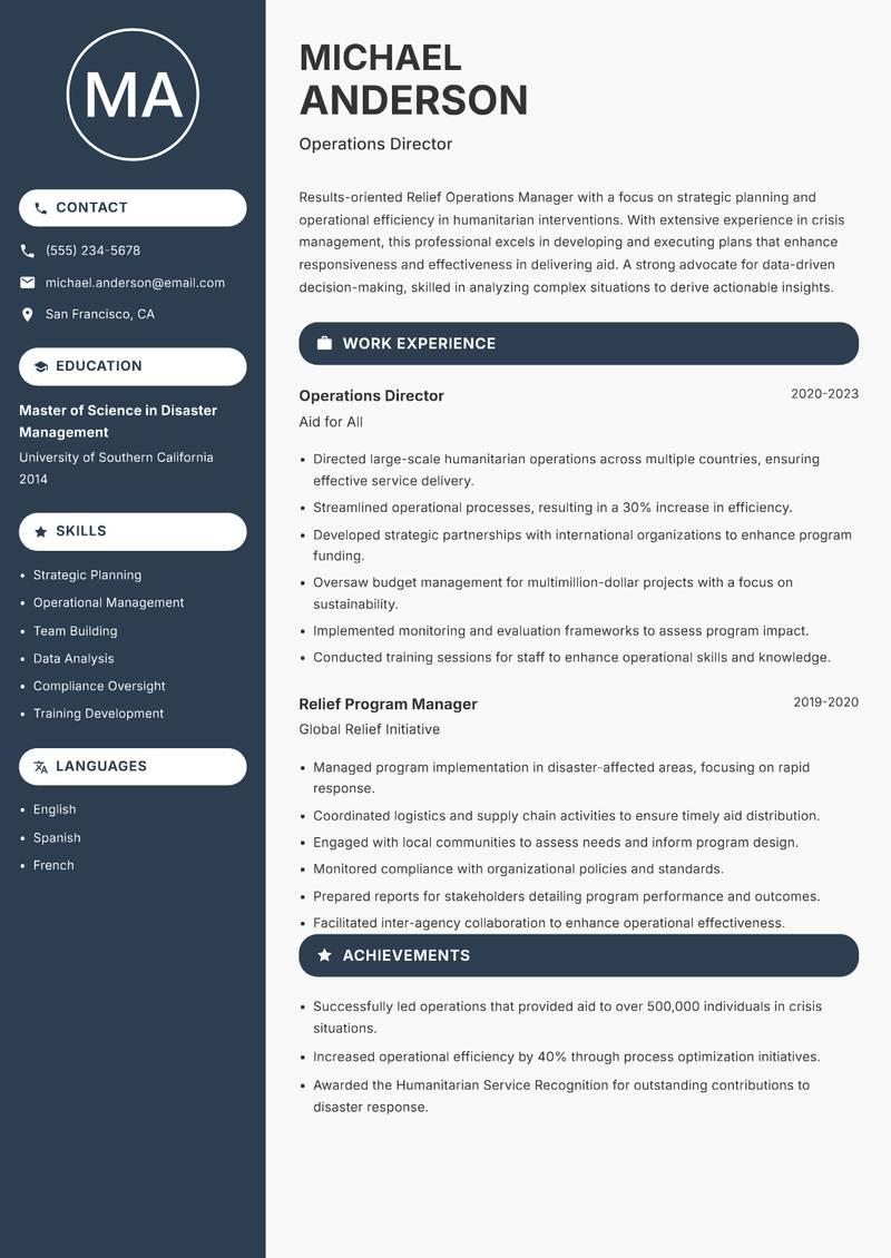 Relief Operations Manager resume sample — Operations Director focus