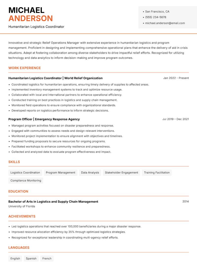 Relief Operations Manager resume sample — Humanitarian Logistics Coordinator focus