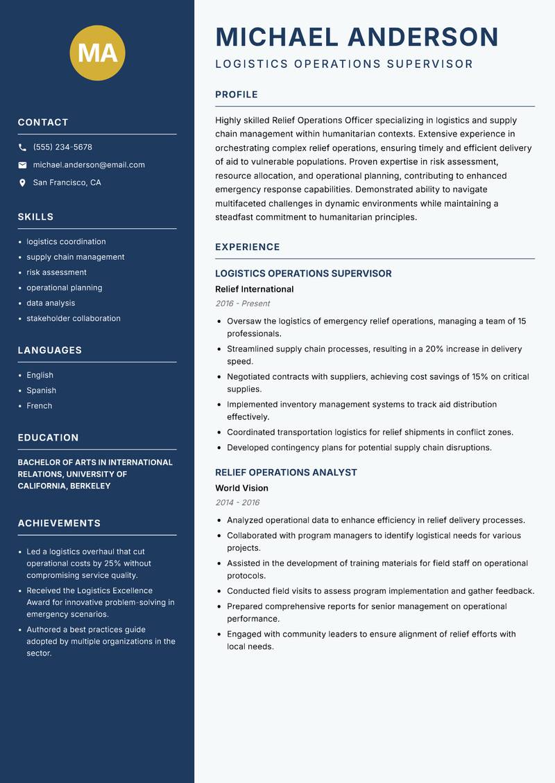 Relief Operations Officer resume sample — Logistics Operations Supervisor focus