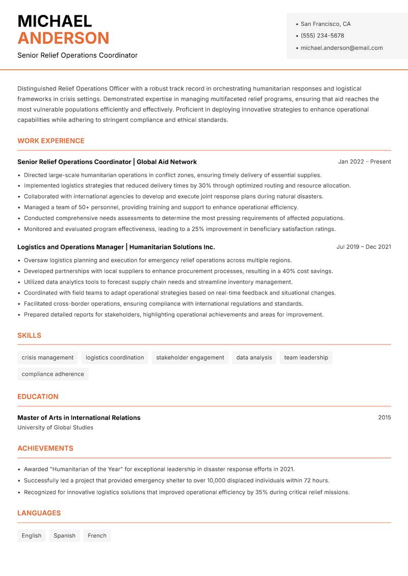 Relief Operations Officer resume sample — Senior Relief Operations Coordinator focus