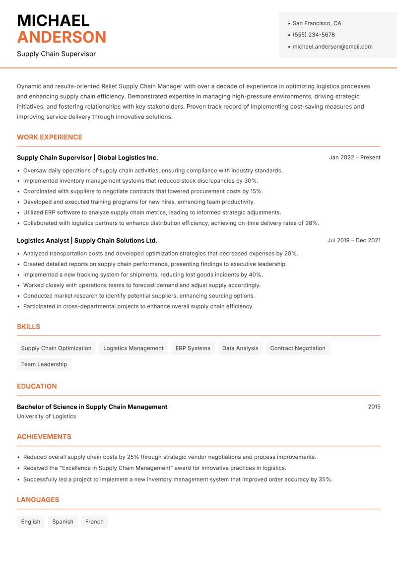 Relief Supply Chain Manager resume sample — Supply Chain Supervisor focus