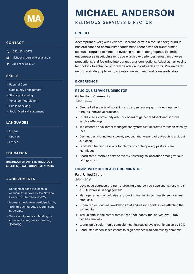 Religious Services Coordinator resume sample — Religious Services Director focus