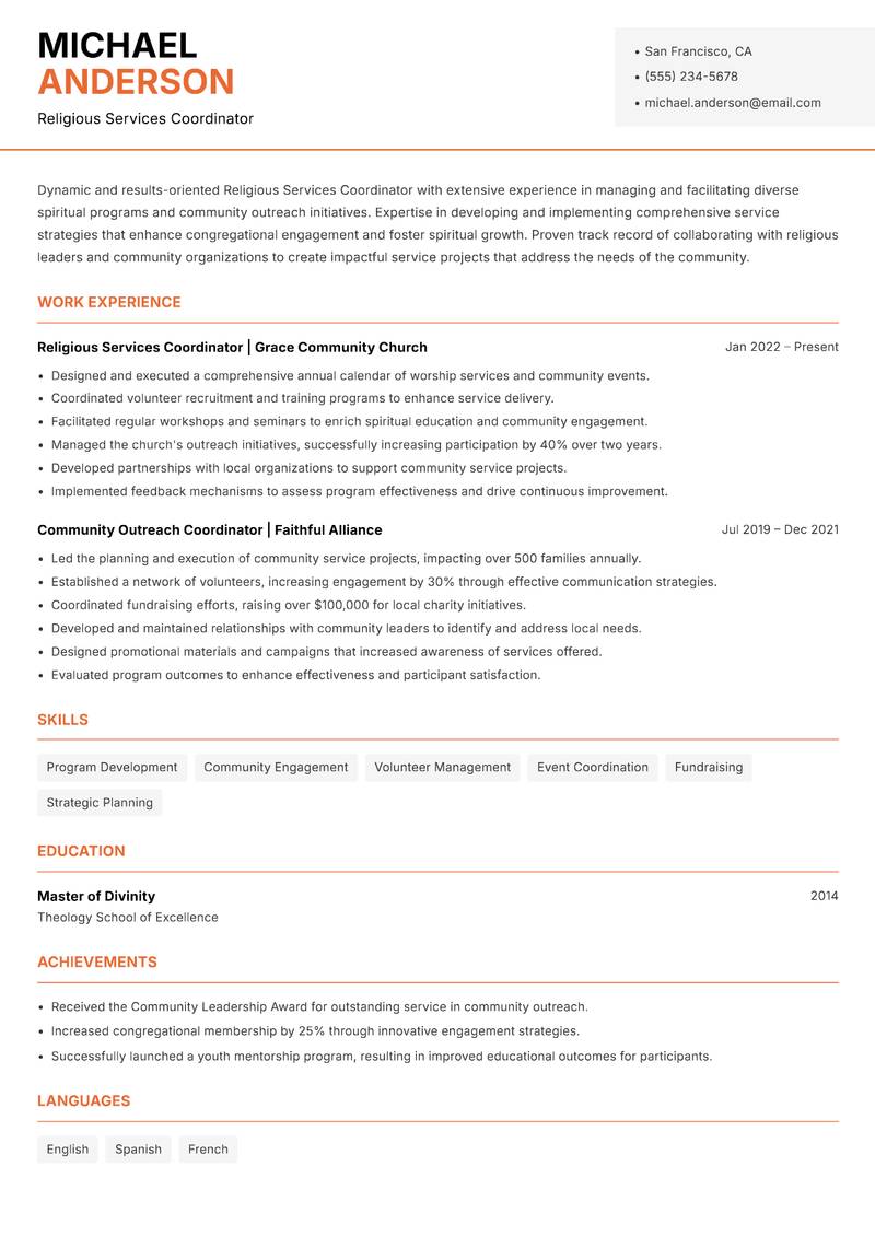 Religious Services Coordinator resume sample — Religious Services Coordinator focus