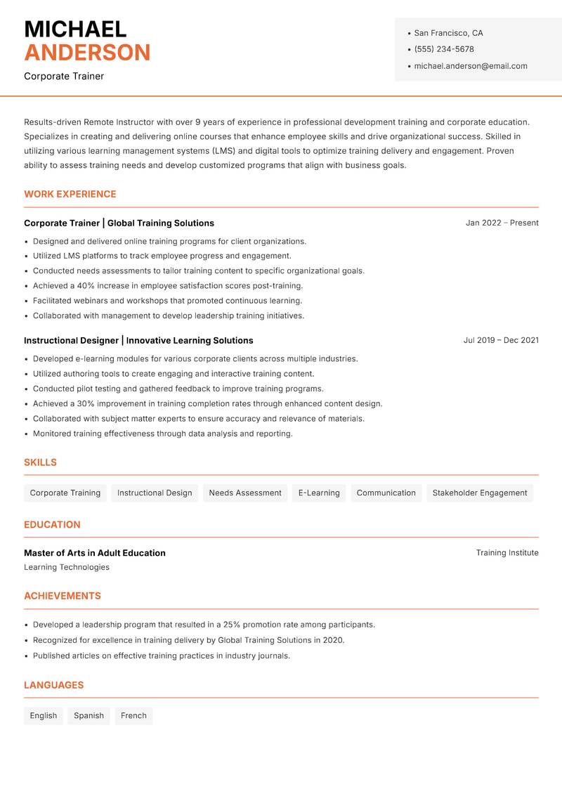 Remote Instructor resume sample — Corporate Trainer focus