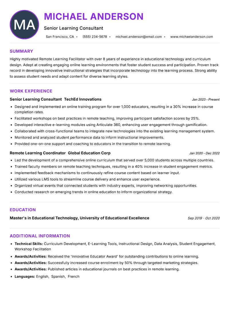 Remote Learning Facilitator resume example