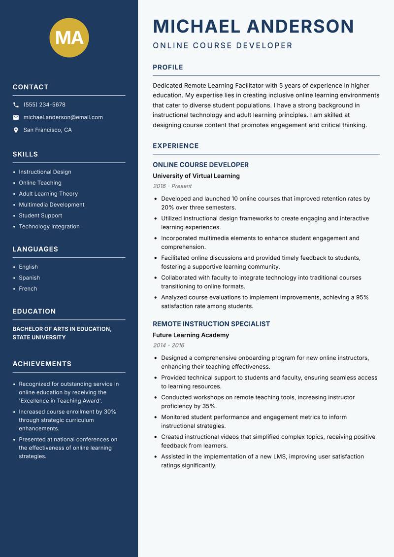 Remote Learning Facilitator resume sample — Online Course Developer focus