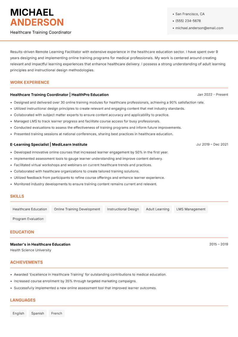 Remote Learning Facilitator resume sample — Healthcare Training Coordinator focus