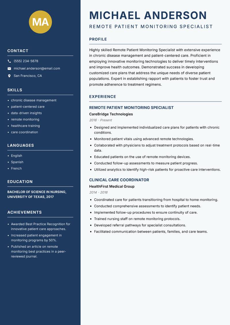 Remote Patient Monitoring Specialist resume sample — Remote Patient Monitoring Specialist focus